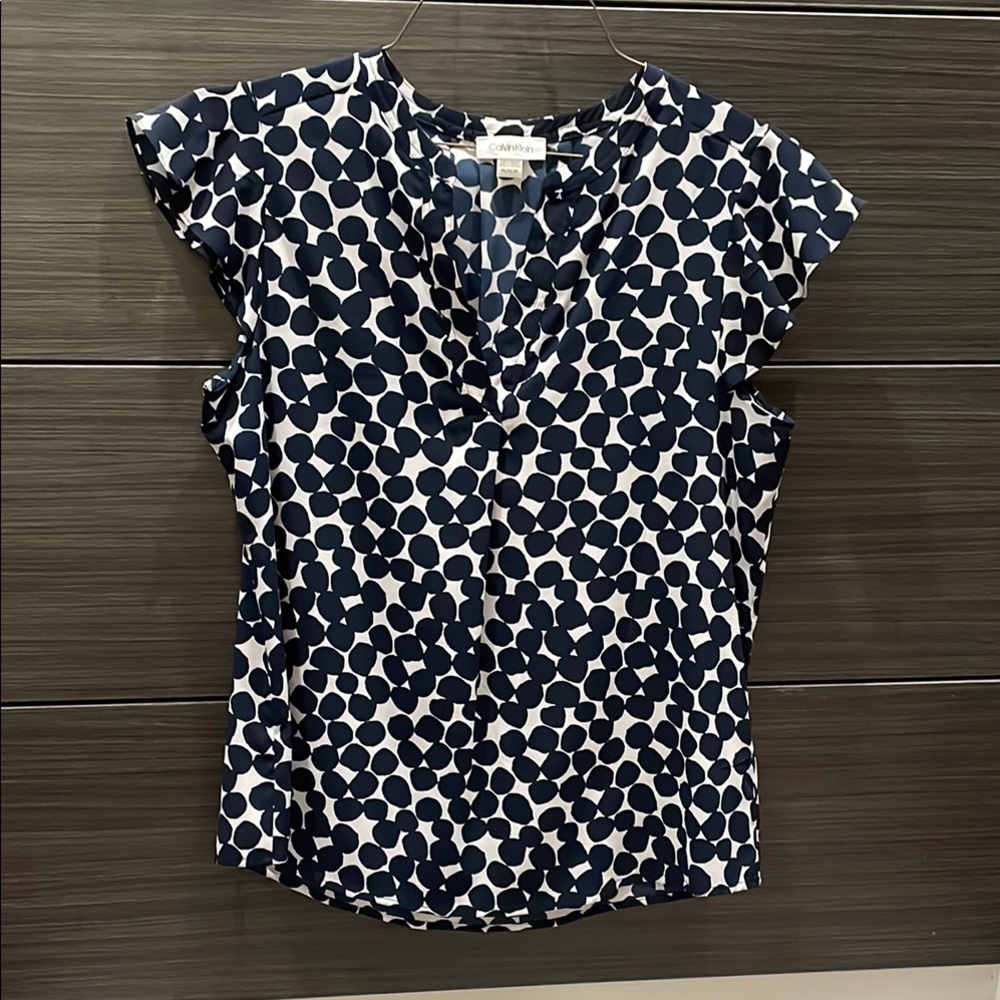 Calvin Klein Navy and White Fitted Cap Sleeve Blouse